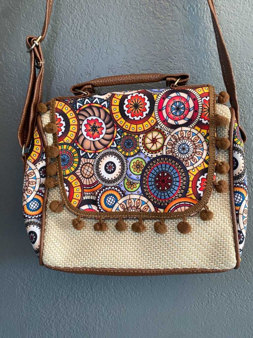 Boho Mandala Print Crossbody Bag Woven Pom Pom Purse Top Handle Satchel Brown